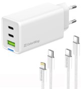 Зарядний пристрій ColorWay GaN Mini 65W White with Type-C / Type-C and Type-C / Lightning  (CW-CHS058PDCL-WT)