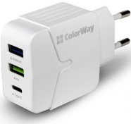 Зарядний пристрій ColorWay 2xUSB/Type-C 3.4A White (CW-CHS005-WT)