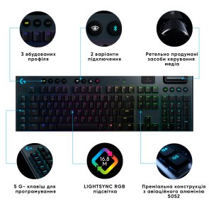 Клавіатура Logitech G915 Lightspeed RGB Mechanical US International Clicky Wireless Black