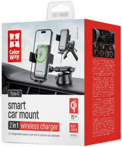 Кріплення для мобільного телефону ColorWay AutoSense Car Wireless Charger 2 Dashboard/Air Vent 15W (CW-CHAW040Q-BK)