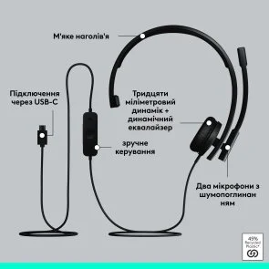 Фото: Гарнітура Logitech H570e Mono USB-C Teams version Black (981-001427) № 9 | KTC
