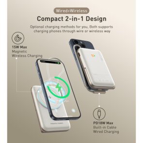 Батарея універсальна Choetech B735 10000mAh Magnetic Wireless 20W Build in Cable White (B735-CCWH)