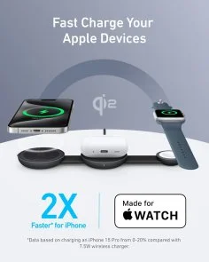 Фото: Бездротова зарядна станція Anker MagGo Wireless Charging Pad 3in1 15W Black (B25M8H11) № 3 | KTC