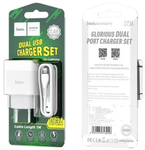 Зарядний пристрій Hoco C73A Glorious 2.4A White with AM/Lightning (6931474713056)