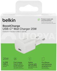Мережевий зарядний пристрій Belkin BoostCharge, 1xType-C, PD, 25W, White
