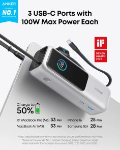 Батарея універсальна Anker 25000mAh 165W Built-In Double USB-C Cables Silvery (A1695H41)