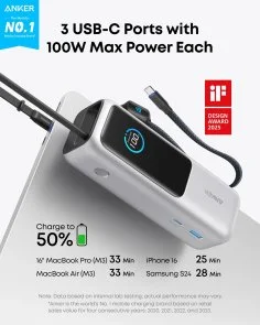 Фото: Батарея універсальна Anker 25000mAh 165W Built-In Double USB-C Cables Silvery (A1695H41) № 5 | KTC