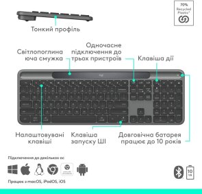 Клавіатура, Logitech Signature Slim Solar Plus K980 US International Wireless, Graphite