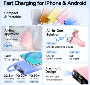 Батарея універсальна Vention FHZL0 10000mAh, 1xUSB, 1xType-C, 1xLightning, 22.5W, Gradient Blue