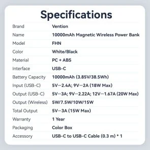 Фото: Батарея універсальна Vention FHNW0 10000mAh 20W/Qi 15W White № 14 | KTC