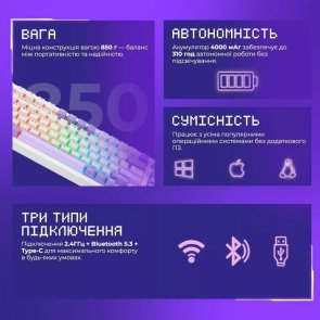 Клавіатура, Proove Gaming Coupe Huano Kobe WL/BT/USB, White/Purple ( Gaming )
