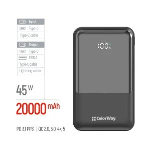 Фото: Батарея універсальна ColorWay DigiPower 20000mAh 45W Built-in Cable Type-C/Lightning (CW-PB200LP04BK) № 6 | KTC