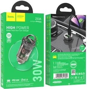 Фото: Автомобільний зарядний пристрій Hoco Z53A Vision QC3.0 PD 30W Transparent Black (6942007611305) № 4 | KTC