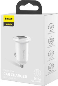 Зарядний пристрій Baseus Grain Pro Car Charger 4.8A White (CCALLP-02)