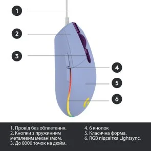Фото: Миша Logitech G102 Lightsync Lilac (910-005854) № 3 | KTC