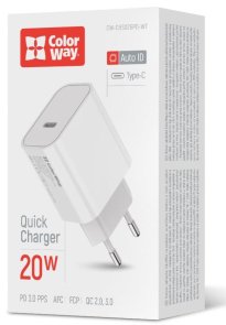 Зарядний пристрій ColorWay Power Delivery Port V2 Type-C 20W White (CW-CHS026PD-WT)