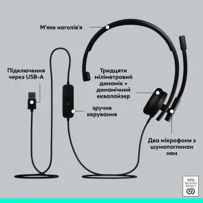 Фото: Гарнітура Logitech H570e Mono USB-A Teams version Black (981-001426) № 9 | KTC