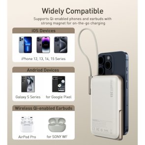 Батарея універсальна Choetech B735 10000mAh Magnetic Wireless 20W Build in Cable White (B735-CCWH)