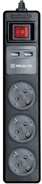 Фото: Мережевий фільтр Real-EL RS-3 USB Charge 2xUSB 3/1.8m Black (EL122500001) № 6 | KTC