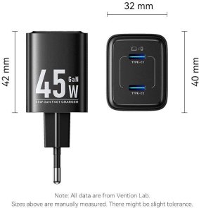 Зарядний пристрій Vention 2xUSB-С GaN 45W Black