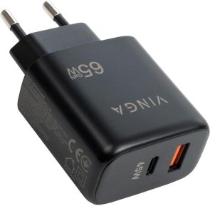 Мережевий зарядний пристрій Vinga GaN, 1xUSB, 1xType-C, QC, PD, GaN, 65W, Black