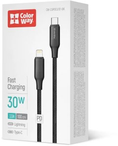 Кабель ColorWay TPE embossed 30W Type-C / Lightning 1m Black (CW-CBPDCL101-BK)