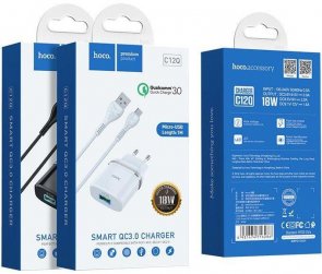 Зарядний пристрій Hoco C12Q QC3.0 White with cable (C12Q White Cable)