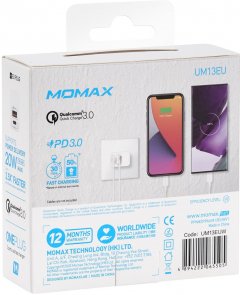 Зарядний пристрій Momax UM13 One Plug PD 20W QC 3.0 White (UM13EUW)