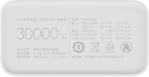 Батарея універсальна Xiaomi Mi PowerBank 3 30000mAh 24W White PB3018ZM (VXN4307CN )