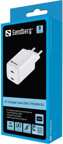 Зарядний пристрій Sandberg AC Charger Dual USB-C PD65W GaN 65W White (441-56)