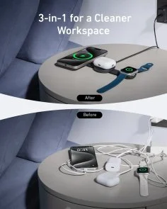 Фото: Бездротова зарядна станція Anker MagGo Wireless Charging Pad 3in1 15W Black (B25M8H11) № 2 | KTC