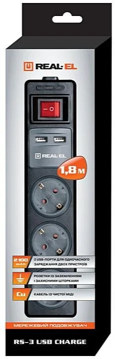 Фото: Мережевий фільтр Real-EL RS-3 USB Charge 2xUSB 3/1.8m Black (EL122500001) № 7 | KTC