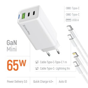 Зарядний пристрій ColorWay GaN Mini 65W White with Type-C / Type-C and Type-C / Lightning (CW-CHS058PDCL-WT)