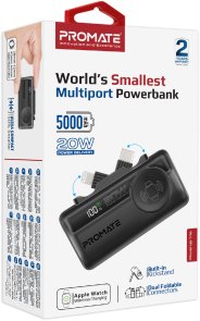 Батарея універсальна 5000mAh із вбудованими розємами USB-C та Lightning Promate powerup-trio.black