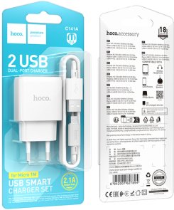 Зарядний пристрій Hoco C141A 2.1A White with AM/MicroUSB (6942007627894)