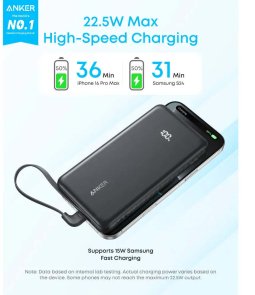 Батарея універсальна Anker 10000mAh, 1xUSB, 1xType-C, 22.5W, Built-In USB-C Cable, White