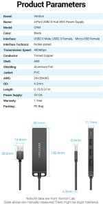 Хаб USB 2.0 4 Port Vention, 0.15m, Black