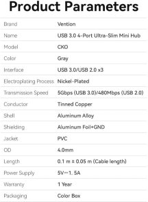 Хаб USB 3.0 4 Port Vention, 0.15m, Grey