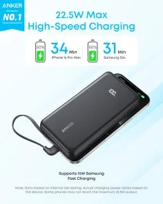 Фото: Батарея універсальна Anker 20000mAh 22.5W Built-In USB-C Cable Black (A110EH11) № 4 | KTC