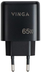 Мережевий зарядний пристрій Vinga GaN, 1xUSB, 1xType-C, QC, PD, GaN, 65W, Black