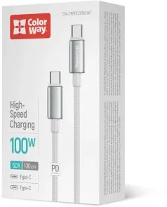 Фото: Кабель ColorWay zinc alloy braided 100W 5A Type-C / Type-C 1m White (CW-CBPDCC098-WT) № 5 | KTC
