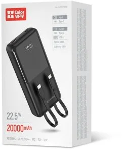 Фото: Батарея універсальна ColorWay DigiPower 20000mAh 22.5W Built-in Cable Type-C/Lightning (CW-PB200LP01BK) № 4 | KTC