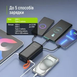 Фото: Батарея універсальна ColorWay PowerHub 30000mAh 22.5W Built-in Cable Type-C/USB-A/Lightning/Micro USB (CW-PB300LP07BK) № 8 | KTC