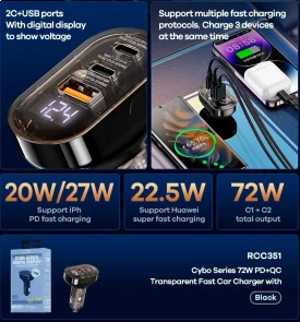 Фото: Автомобільний зарядний пристрій Remax RCC351 QC PD 72W Black (6954851229377) № 3 | KTC