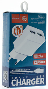 Мережевий зарядний пристрій JOYROOM L-L221 2xUSB, 2A + кабель Lightning, Білий