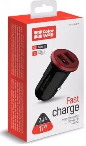 Фото: Автомобільний зарядний пристрій ColorWay Auto ID 2xUSB 3.4A 17W Black/Red (CW-CHA026-BK) № 5 | KTC