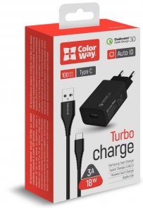 Зарядний пристрій ColorWay USB QC3.0 18W Black with Type-C cable (CW-CHS013QCC-BK)
