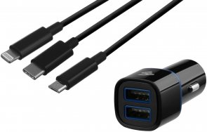 Зарядний пристрій 2E ACR01 Black with cable Lightning/MicroB/Type-C Black (2E-ACR01-C3IN1)