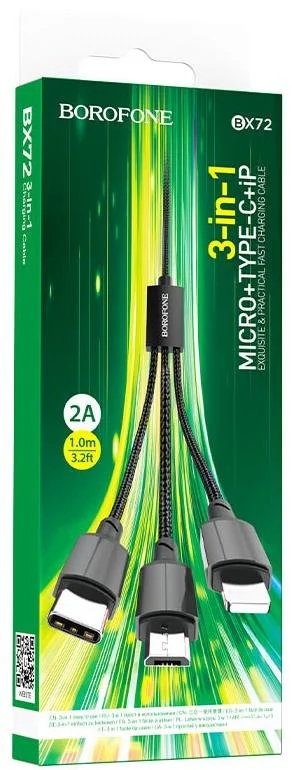 Фото: Кабель BOROFONE BX72 2A AM / MicroUSB/Type-C/Lightning 1m Black (BX72LUMB) № 3 | KTC