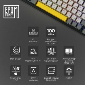  Клавіатура Epomaker TH80 SE Budgerigar V2 Switch Hot-Swap RGB WL/BT/USB Black (TH80-SE-B-BV2)